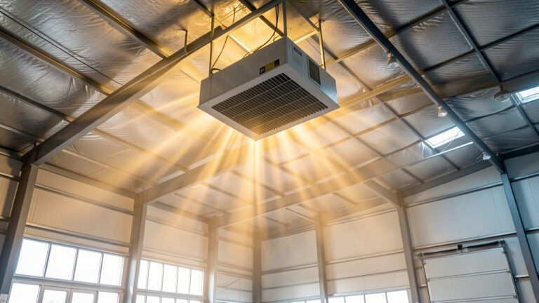 Aérotherme installé en hauteur dans un grand entrepôt, diffusant efficacement de l’air chaud dans un espace bien isolé.