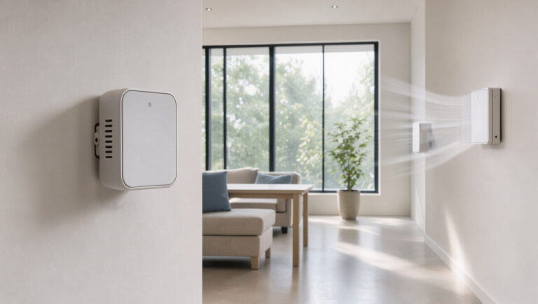 Capteurs intelligents mesurant le CO₂, l’humidité et la température dans une pièce moderne afin d’automatiser la climatisation réversible.