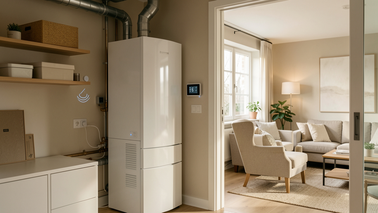 Chaudière fioul dans une maison moderne avec thermostat connecté et capteurs permettant de mieux réguler le chauffage.