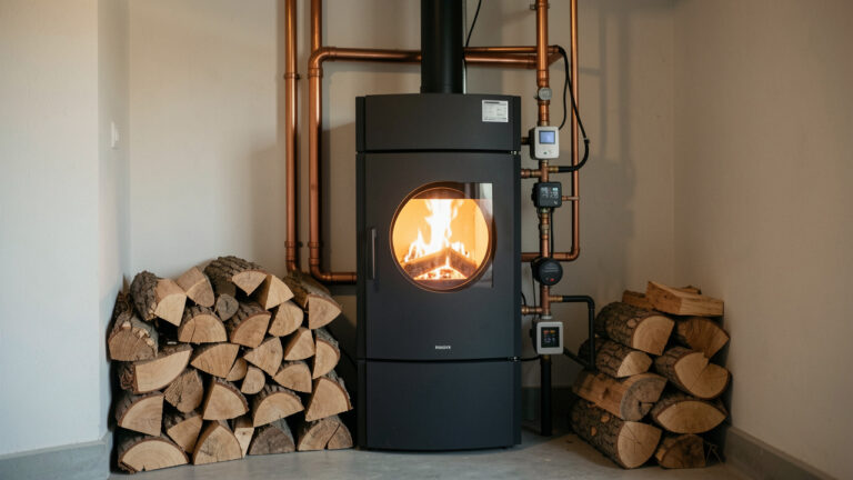 Chaudière à bois moderne installée dans une pièce technique propre, avec des bûches rangées et une lumière chaleureuse.