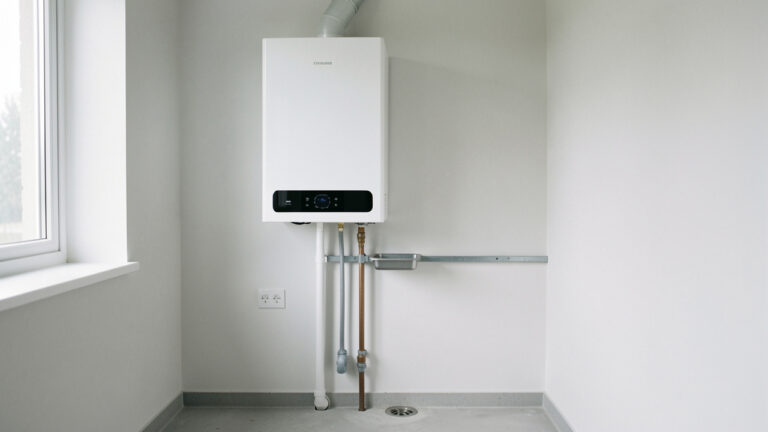 Chaudière électrique murale avec bac de récupération des condensats relié à une évacuation dans une buanderie propre.