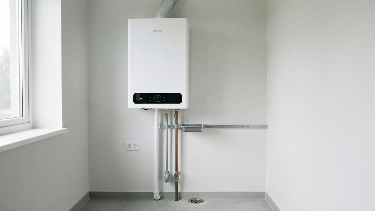Chaudière électrique murale avec bac de récupération des condensats relié à une évacuation dans une buanderie propre.