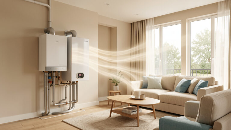 Système de chauffage hybride combinant une chaudière et une pompe à chaleur dans un intérieur lumineux, avec une circulation douce de l’air chaud.