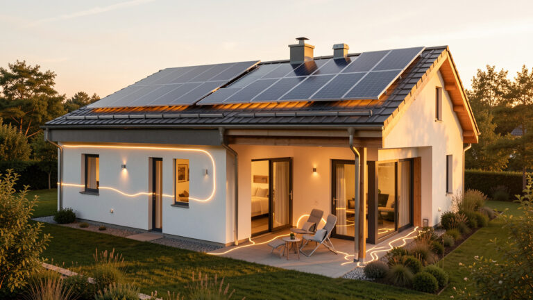 Maison moderne équipée de panneaux solaires et d’un système de chauffage intelligent utilisant l’énergie du soleil.