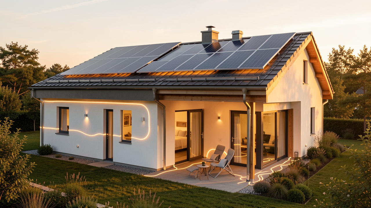 Maison moderne équipée de panneaux solaires et d’un système de chauffage intelligent utilisant l’énergie du soleil.