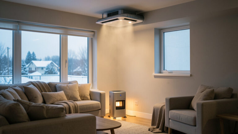Salon moderne équipé d’un chauffage d’appoint sous une climatisation gainable, créant une atmosphère chaleureuse pendant une froide journée d’hiver.