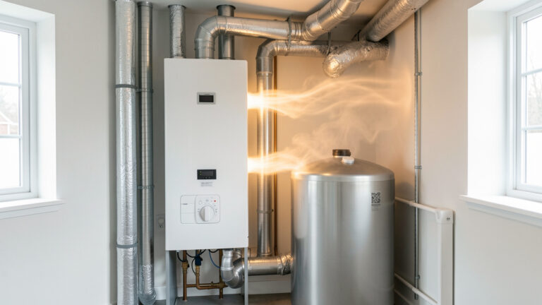 Chauffe-eau thermodynamique relié à un système de ventilation mécanique dans une buanderie résidentielle, avec des conduits isolés et une circulation d’air chaud représentée visuellement.