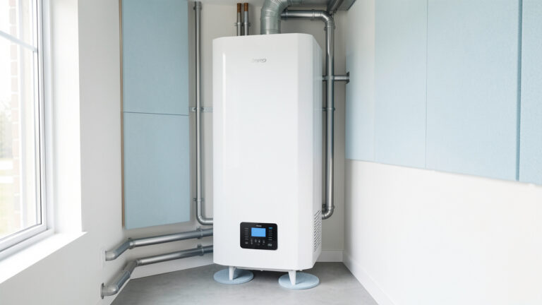 Chauffe-eau thermodynamique installé dans une buanderie lumineuse et bien ventilée, avec dispositifs d’isolation contre les vibrations et panneaux acoustiques.