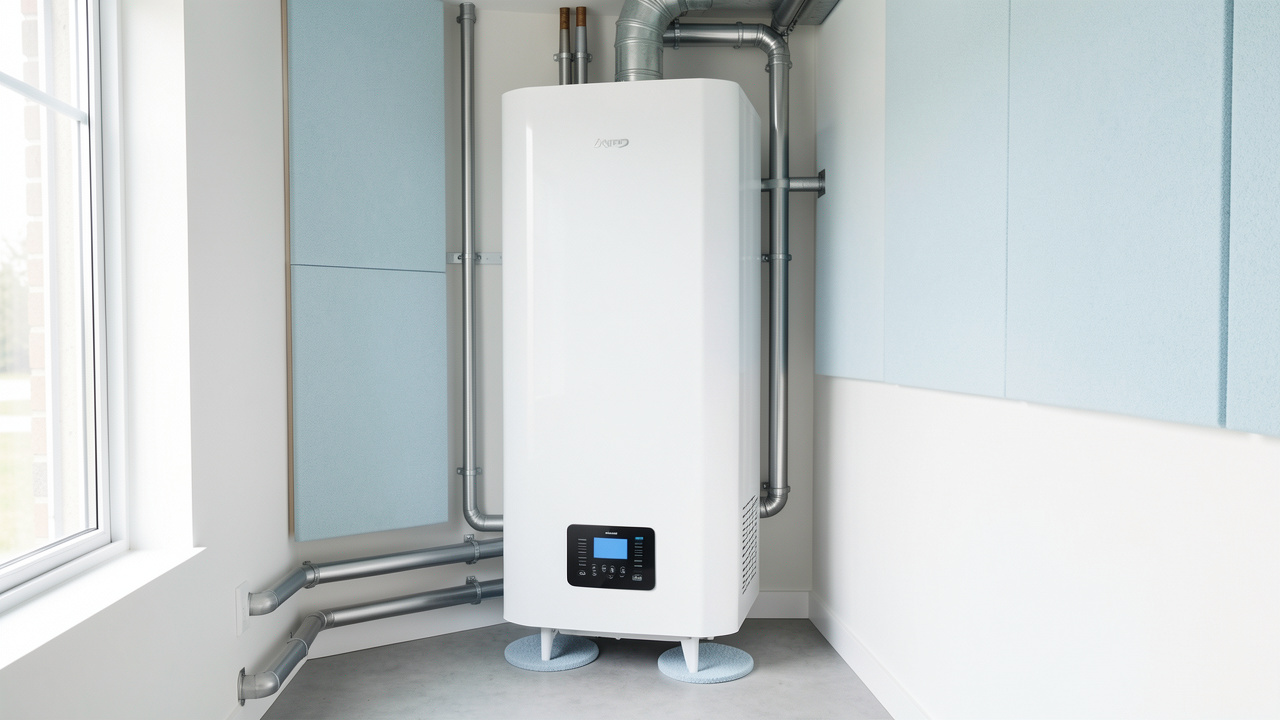 Chauffe-eau thermodynamique installé dans une buanderie lumineuse et bien ventilée, avec dispositifs d’isolation contre les vibrations et panneaux acoustiques.
