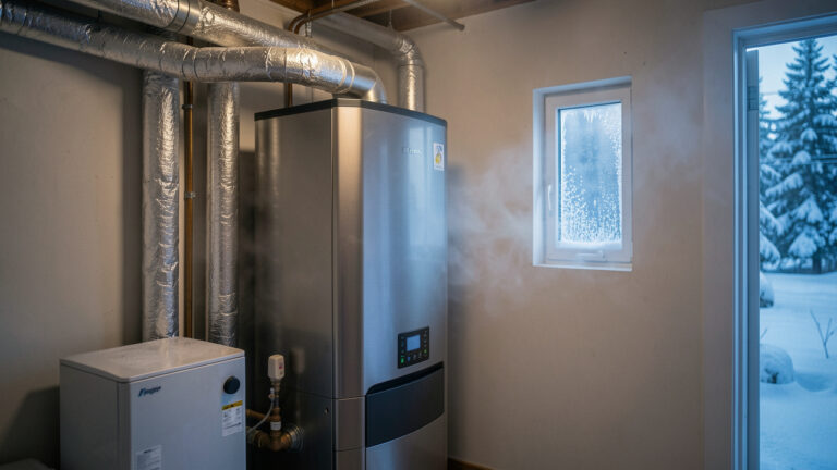 Chauffe-eau thermodynamique installé dans une buanderie en hiver, avec des tuyaux isolés et du givre visible par la fenêtre.