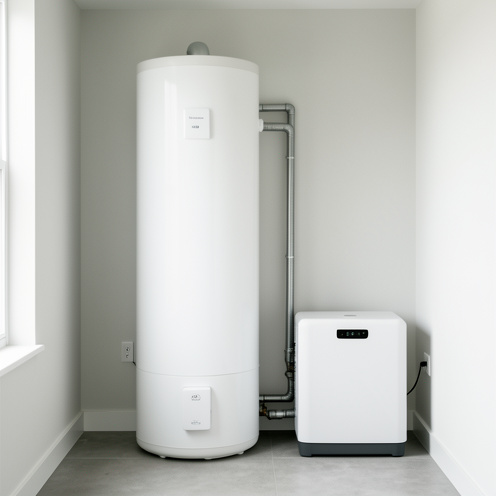 Chauffe-eau thermodynamique split de 270 litres avec ballon intérieur blanc et unité extérieure compacte, installé dans un local technique propre.
