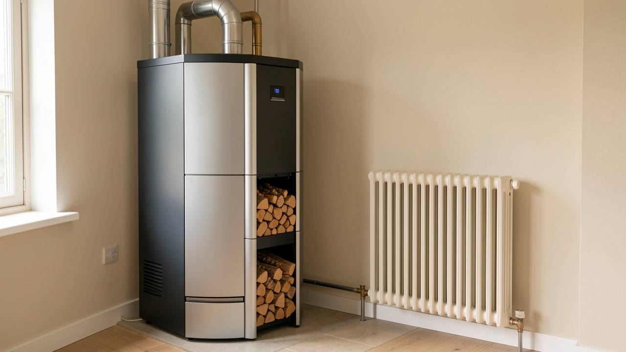 Chaudière moderne à granulés installée dans une pièce technique propre, avec un silo de granulés, des conduites métalliques et un radiateur traditionnel.