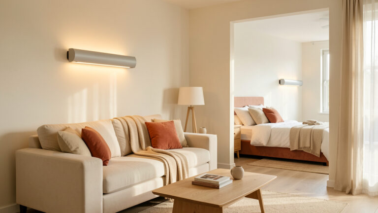 Panneau rayonnant électrique mural dans un intérieur lumineux et confortable, avec une chambre visible en arrière-plan.