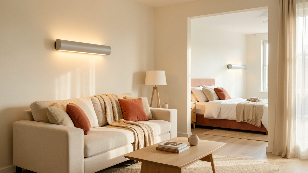 Panneau rayonnant électrique mural dans un intérieur lumineux et confortable, avec une chambre visible en arrière-plan.