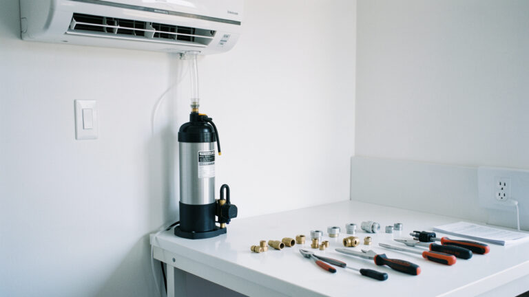 Pompe de relevage compacte reliée à une climatisation murale, avec un tube transparent évacuant les condensats vers le haut.