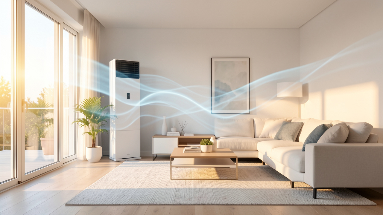 Un climatiseur réversible installé dans un salon moderne et lumineux, illustrant le rafraîchissement adapté à la surface de la pièce.