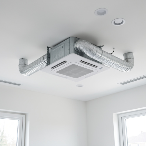 Système de climatisation gainable moderne avec unité intérieure, conduits isolés et bouches de ventilation installés dans un plafond contemporain.