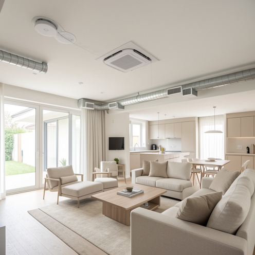Système de climatisation gainable intégré au plafond d’un intérieur contemporain, avec bouches de ventilation discrètes et réseau de gaines visible.