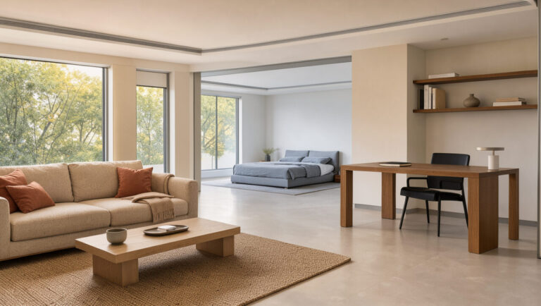 Intérieur contemporain montrant plusieurs pièces de la maison équipées d’une climatisation gainable créant des zones de confort indépendantes.