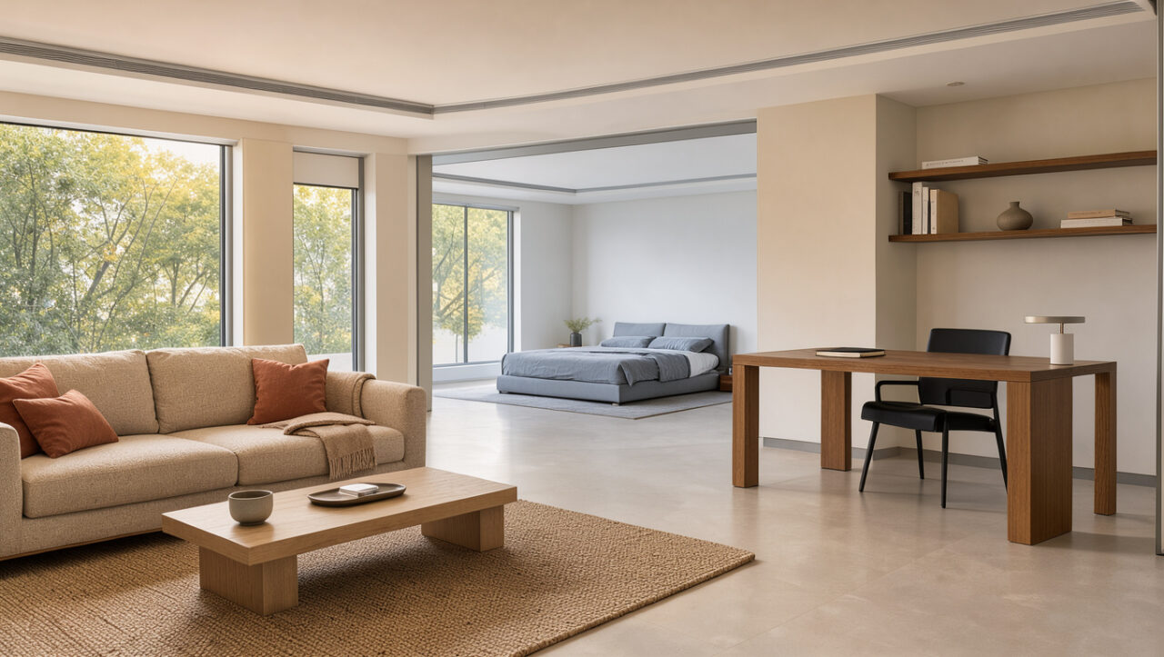 Intérieur contemporain montrant plusieurs pièces de la maison équipées d’une climatisation gainable créant des zones de confort indépendantes.