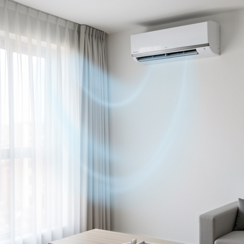Climatiseur mural moderne diffusant de l’air frais dans un salon lumineux et contemporain.
