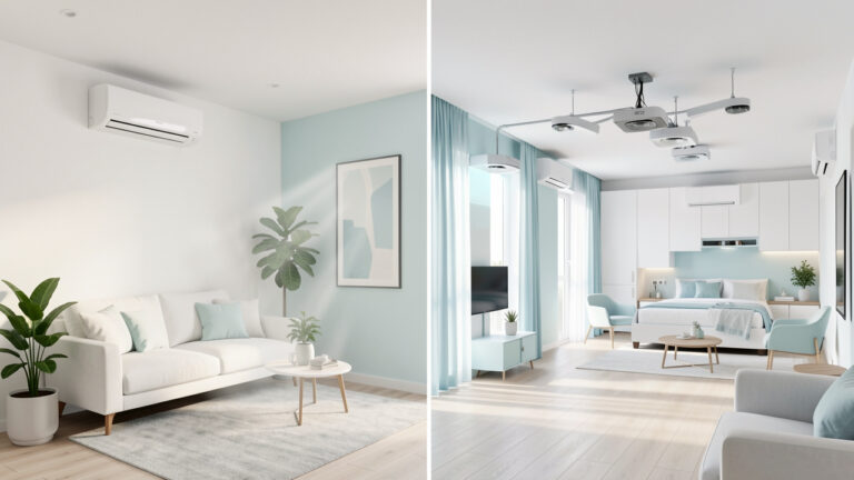 Intérieur moderne illustrant la différence entre une climatisation monosplit pour une pièce et une climatisation multisplit pour plusieurs pièces.