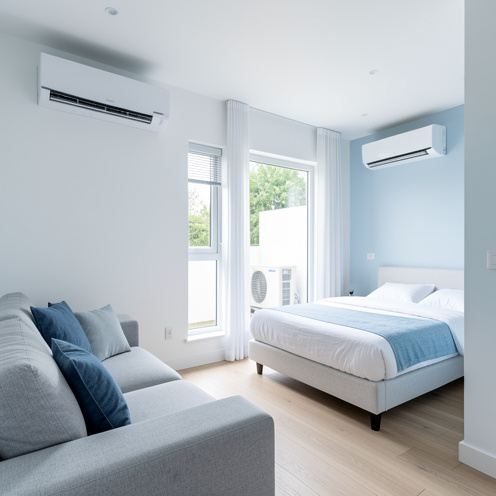 Intérieur résidentiel moderne équipé d’un système de climatisation multisplit avec plusieurs unités murales et un groupe extérieur compact.