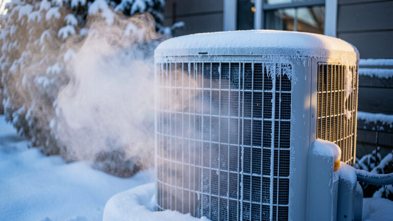 Unité extérieure de climatisation réversible recouverte d’une fine couche de givre dans un jardin en hiver, avec une légère vapeur de dégivrage.