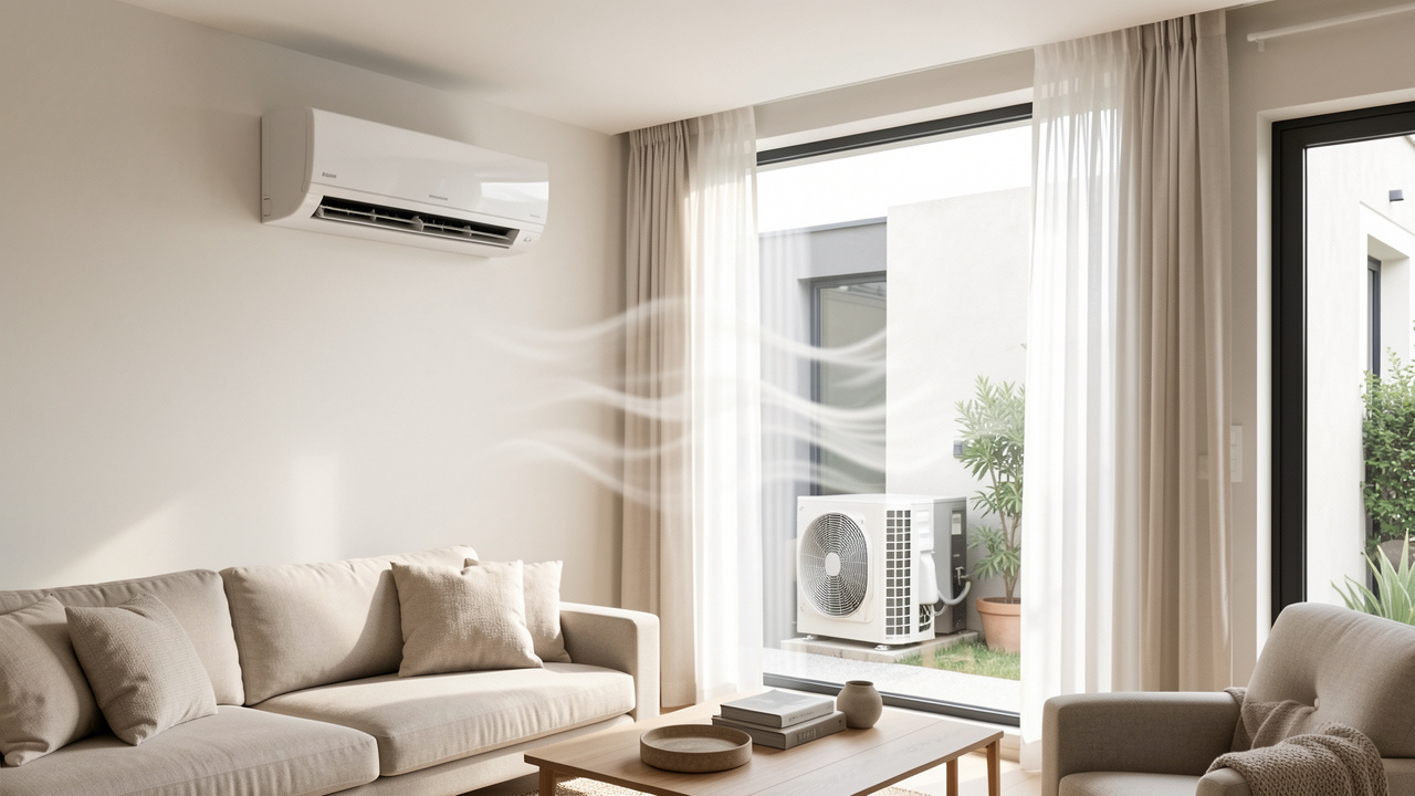 Intérieur moderne montrant une unité de climatisation murale et une pompe à chaleur extérieure, illustrant le choix d’un système selon la surface et l’usage.