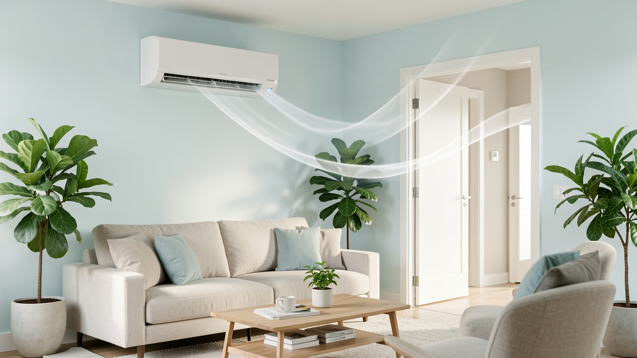Pièce de vie lumineuse équipée d’une climatisation réversible, avec une circulation d’air discrètement représentée et des plantes vertes évoquant un intérieur sain.