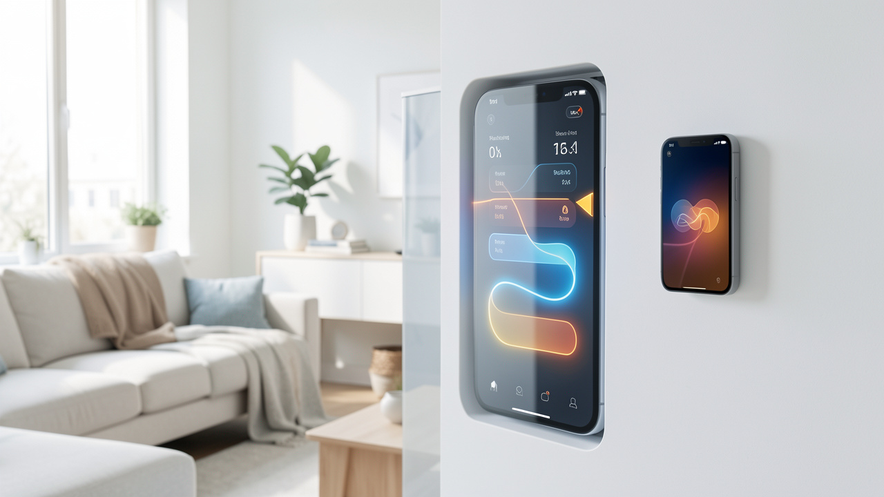 Intérieur moderne et lumineux avec une climatisation réversible, un thermostat connecté et un smartphone illustrant une gestion intelligente du confort thermique.
