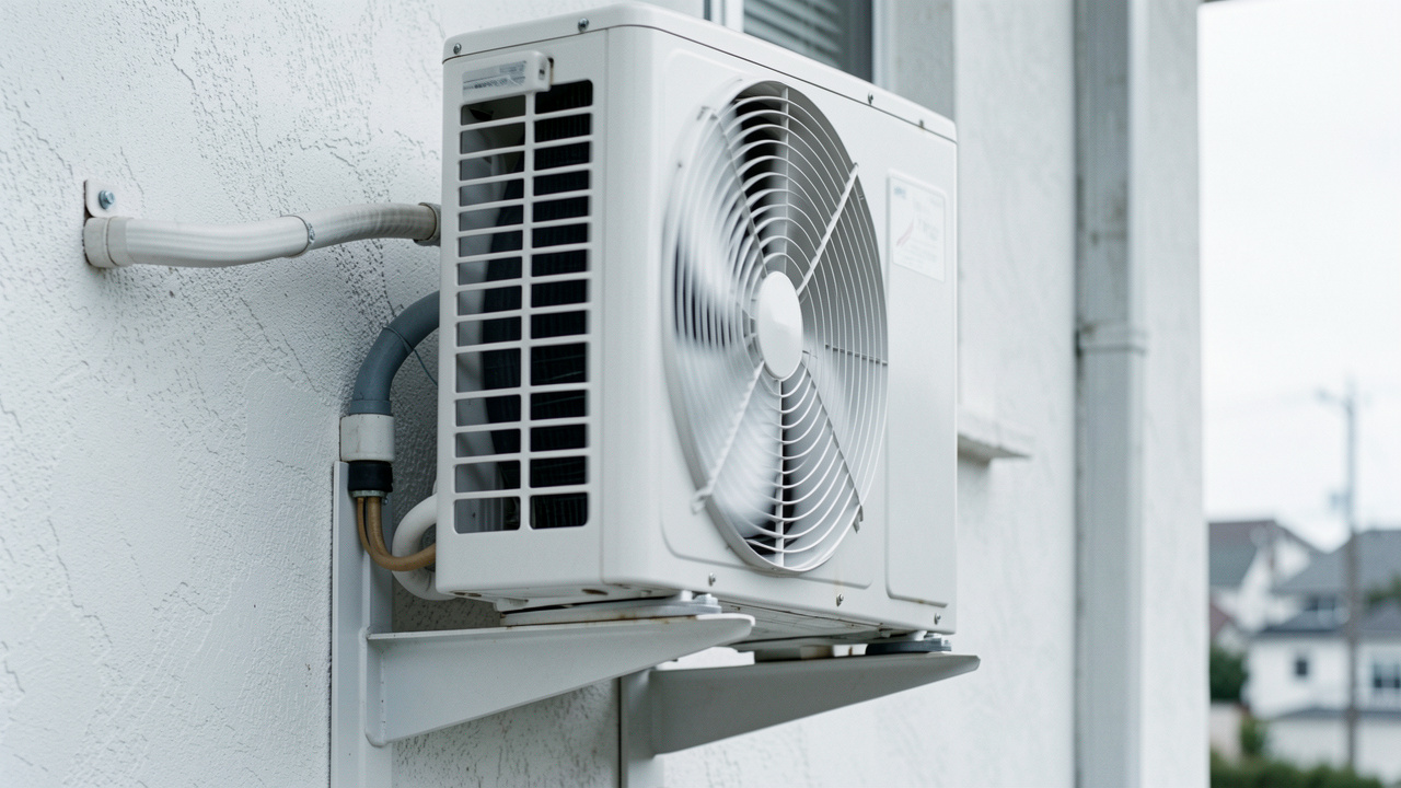 Unité extérieure de climatisation réversible fixée au mur, avec vibrations suggérées autour du ventilateur, des boulons, des silentblocs et des raccordements.
