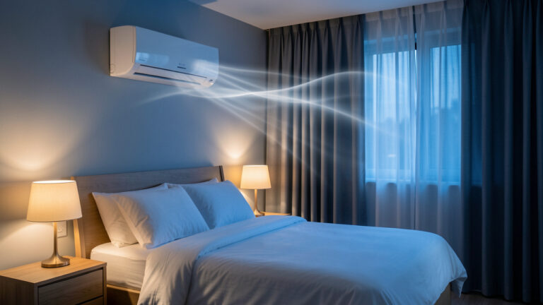 Chambre paisible la nuit avec un climatiseur mural moderne diffusant doucement de l'air frais près d'un lit soigneusement préparé.