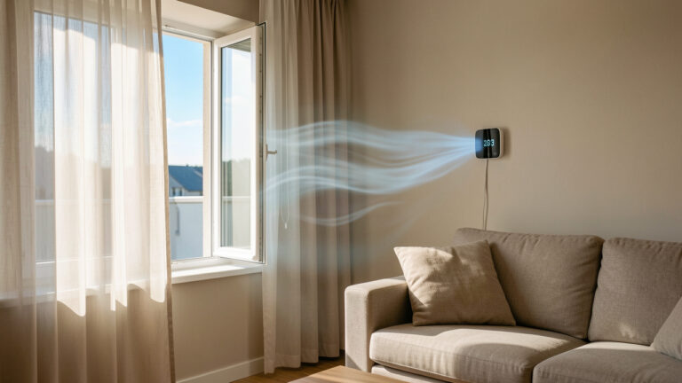Salon moderne avec une fenêtre ouverte et un thermostat connecté qui détecte l’entrée d’air frais pour éviter de chauffer inutilement.