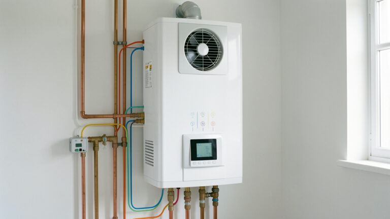 Chauffe-eau thermodynamique moderne installé dans une buanderie propre, avec ses raccordements et ses conduites d’eau visibles.