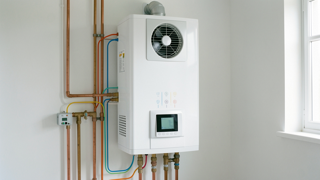 Chauffe-eau thermodynamique moderne installé dans une buanderie propre, avec ses raccordements et ses conduites d’eau visibles.