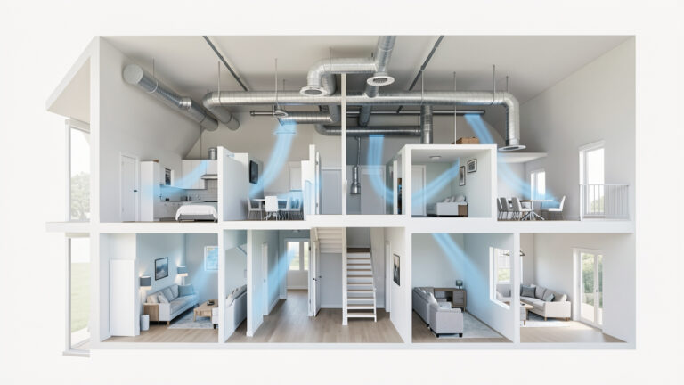 Vue en coupe d’une maison moderne montrant un système de climatisation gainable distribuant de l’air frais dans plusieurs pièces de tailles différentes.