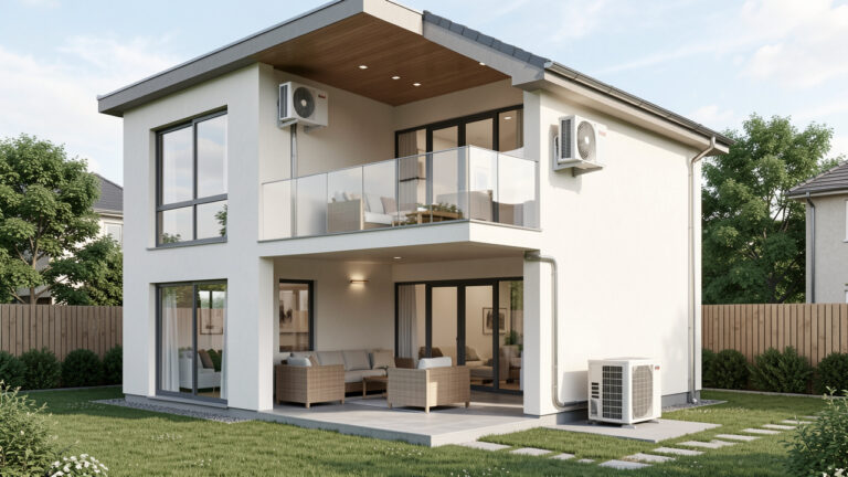 Vue en coupe d’une maison montrant l’emplacement d’une unité intérieure de climatisation réversible et de son unité extérieure.