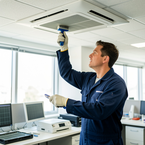 Technicien en tenue de travail nettoyant soigneusement une climatisation cassette installée au plafond d’un bureau moderne.