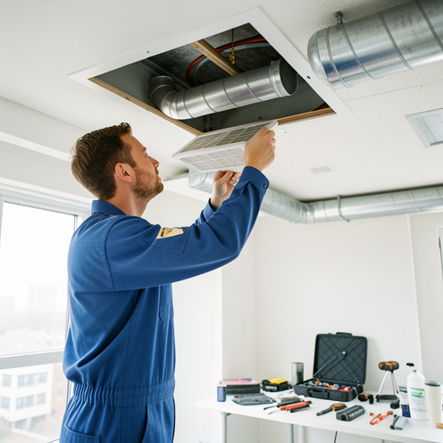 Technicien en tenue de travail nettoyant le filtre d'une climatisation gainable par une trappe au plafond dans un intérieur moderne.