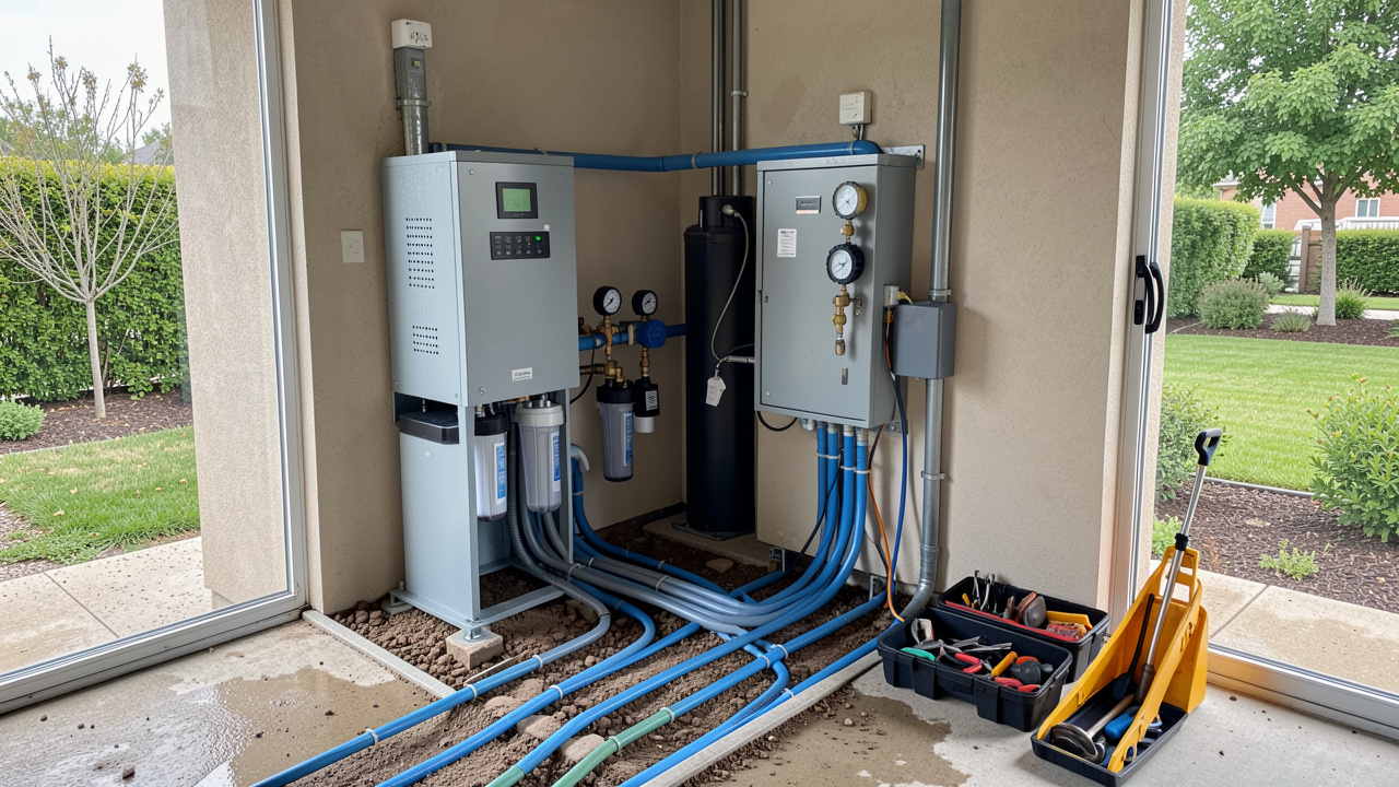 Installation de pompe à chaleur géothermique avec sondes, tuyaux, filtres et outils disposés pour l’entretien et la détection des pannes.