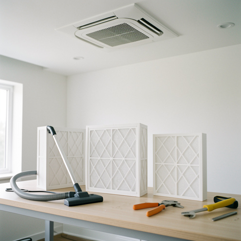 Filtres de climatisation gainable présentés sur un établi, avec un filtre installé, un autre en cours de nettoyage et un filtre de remplacement.