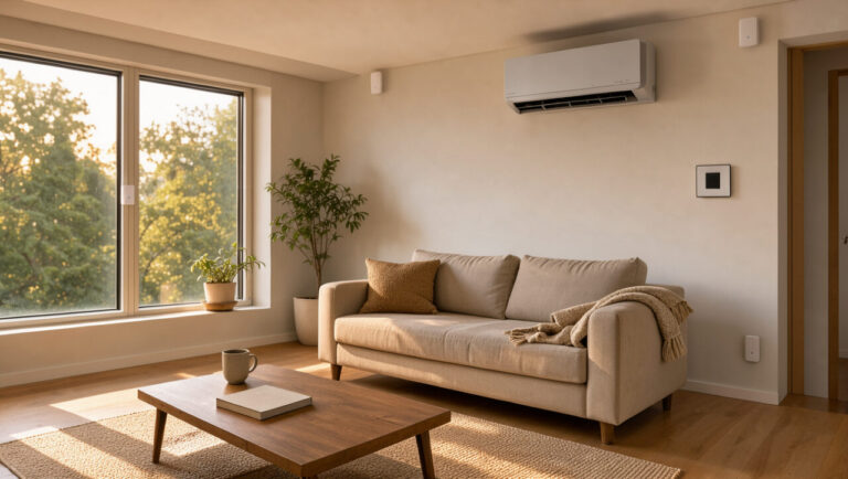 Salon moderne équipé d’une climatisation réversible et de capteurs connectés, illustrant l’automatisation du confort thermique selon les absences.