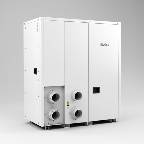 Groupe extérieur de climatisation multi-split avec trois sorties de raccordement, présenté sur fond gris clair.