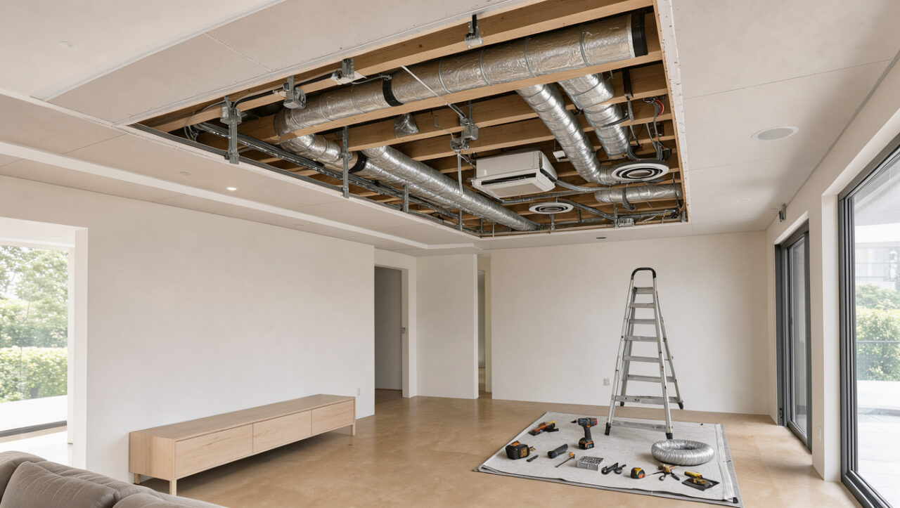 Installation d’une climatisation gainable visible au-dessus d’un faux plafond partiellement ouvert dans un intérieur résidentiel moderne.