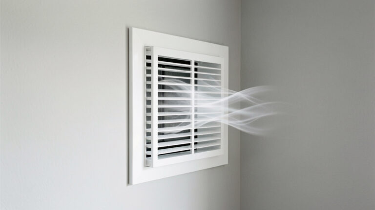 Insert de ventilation mural diffusant de l’air frais dans une petite pièce aux murs clairs.