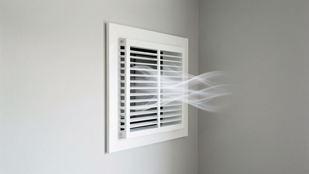 Insert de ventilation mural diffusant de l’air frais dans une petite pièce aux murs clairs.