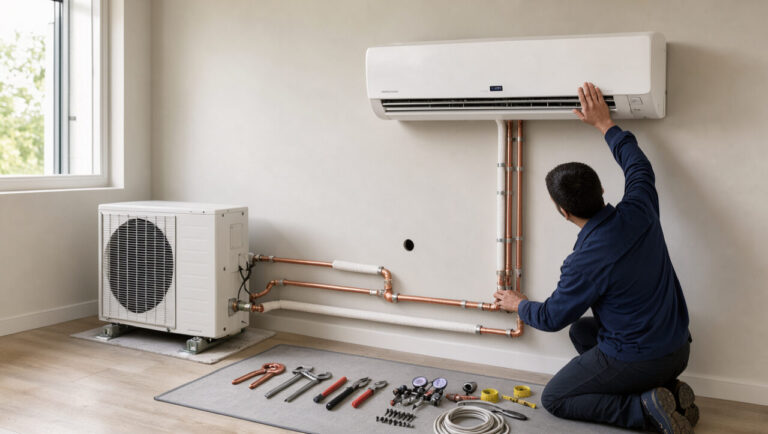 Installation professionnelle d’une climatisation réversible avec unité intérieure, unité extérieure, tuyaux isolés et outils dans une pièce résidentielle propre.