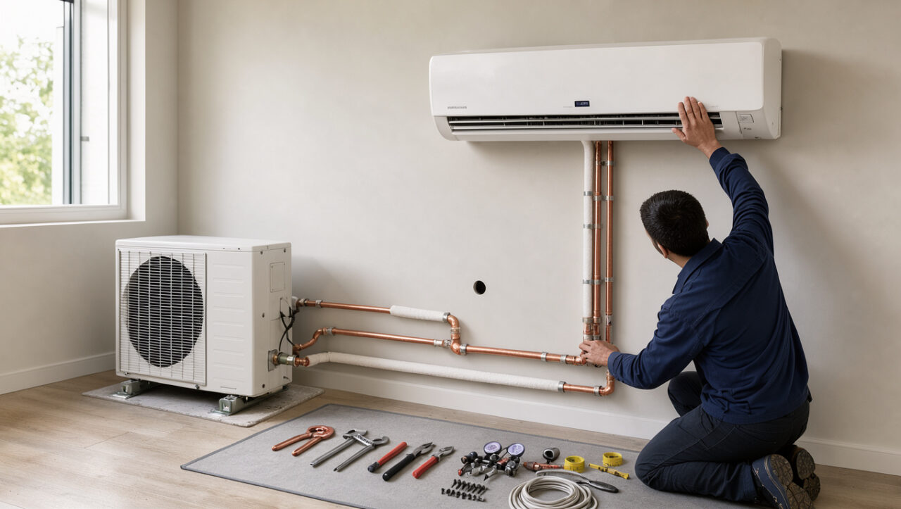 Installation professionnelle d’une climatisation réversible avec unité intérieure, unité extérieure, tuyaux isolés et outils dans une pièce résidentielle propre.