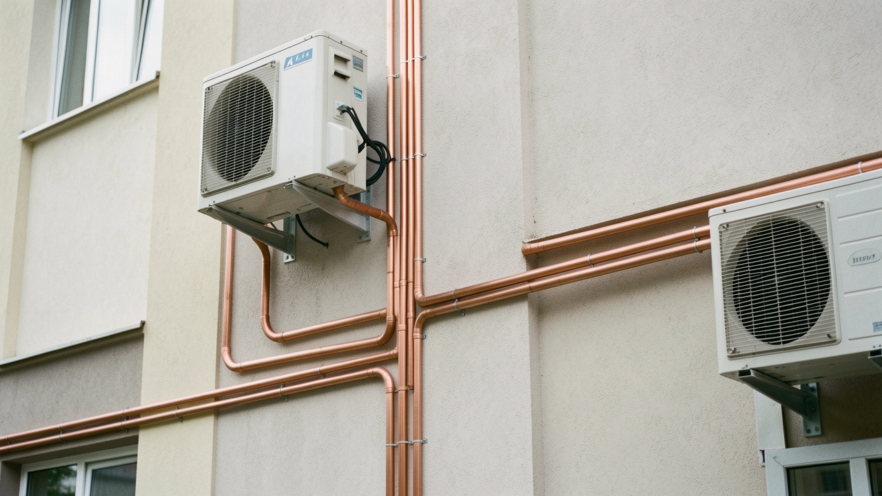 Installation de conduites frigorifiques en cuivre reliant une unité intérieure de climatisation à un groupe extérieur, avec isolation, supports et dénivelé visibles.